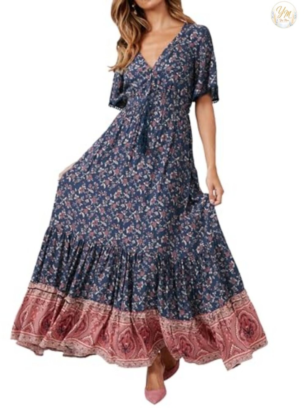 Womens Floral Print Boho Midi Dress V Neck Short Sleeve Rayon Cotton